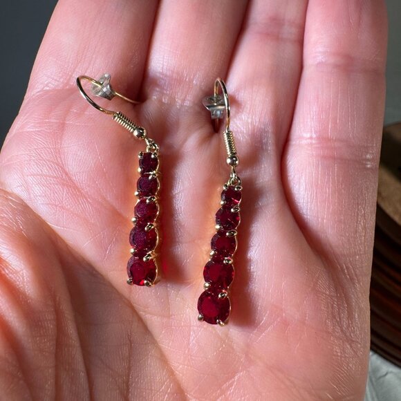 Gold-Tone Dangling Linear Drop Earrings With Red Gemstone Accents Hook Back - Picture 6 of 6